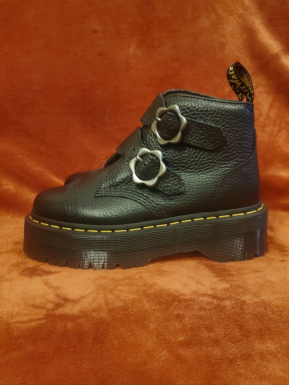 NEW Dr. Martens Black Leather Platform Ankle Boots with Floral Buckles